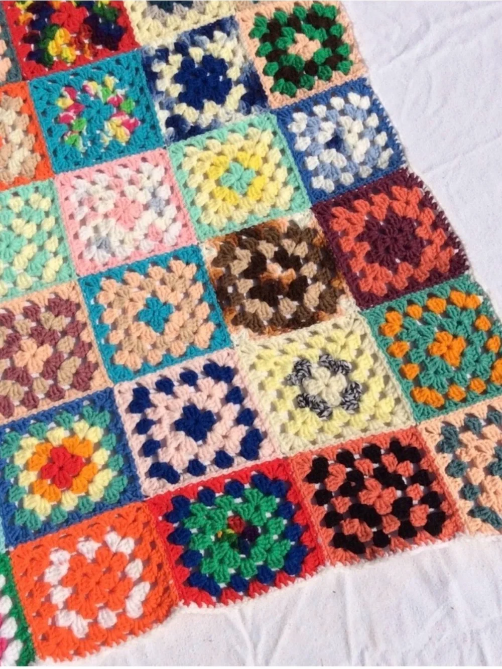 Vintage Handmade Colorful Crochet Granny Square Blanket